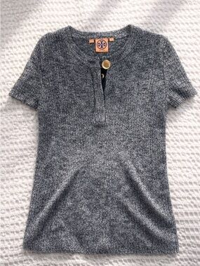 Tory Burch Black and Gray Marled Short Sleeve Knit Top